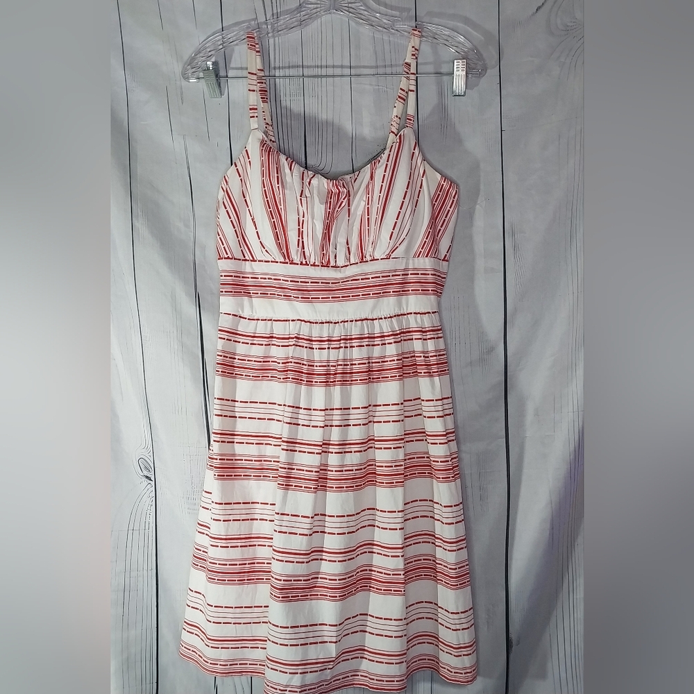 B.Smart Red And White Striped Fitted Bodice Spaghetti Strap Summer Dress